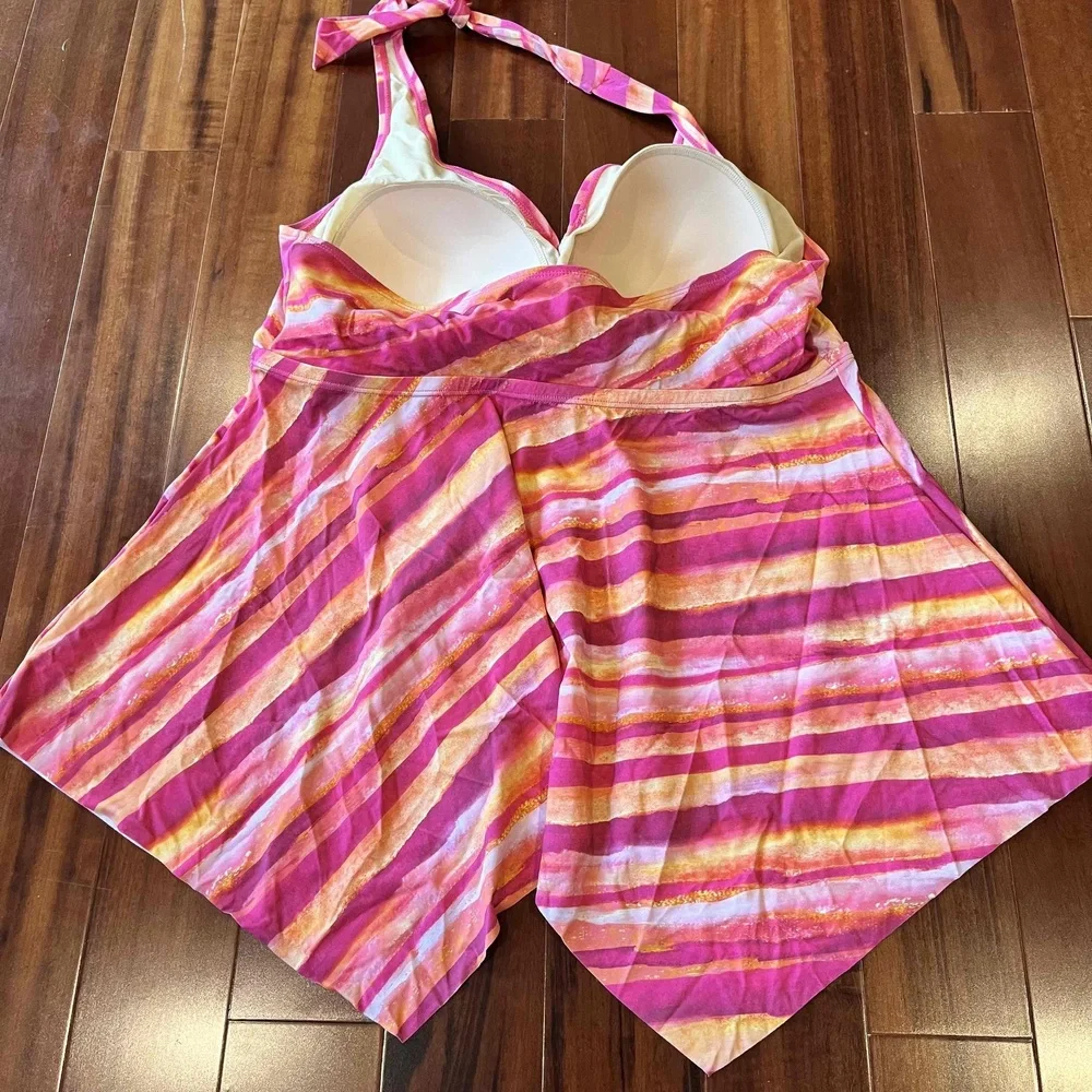 New NWOT‎ Kim Gravel QVC Pink Swimwear Halter Neck Striped Pattern Tankini Sz 18